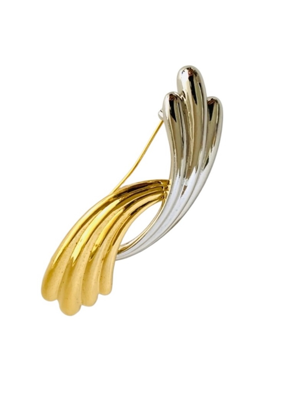 Balmain Vintage Gold Silver Tone Brooch Designer Statement Ribbon Swirl Pin